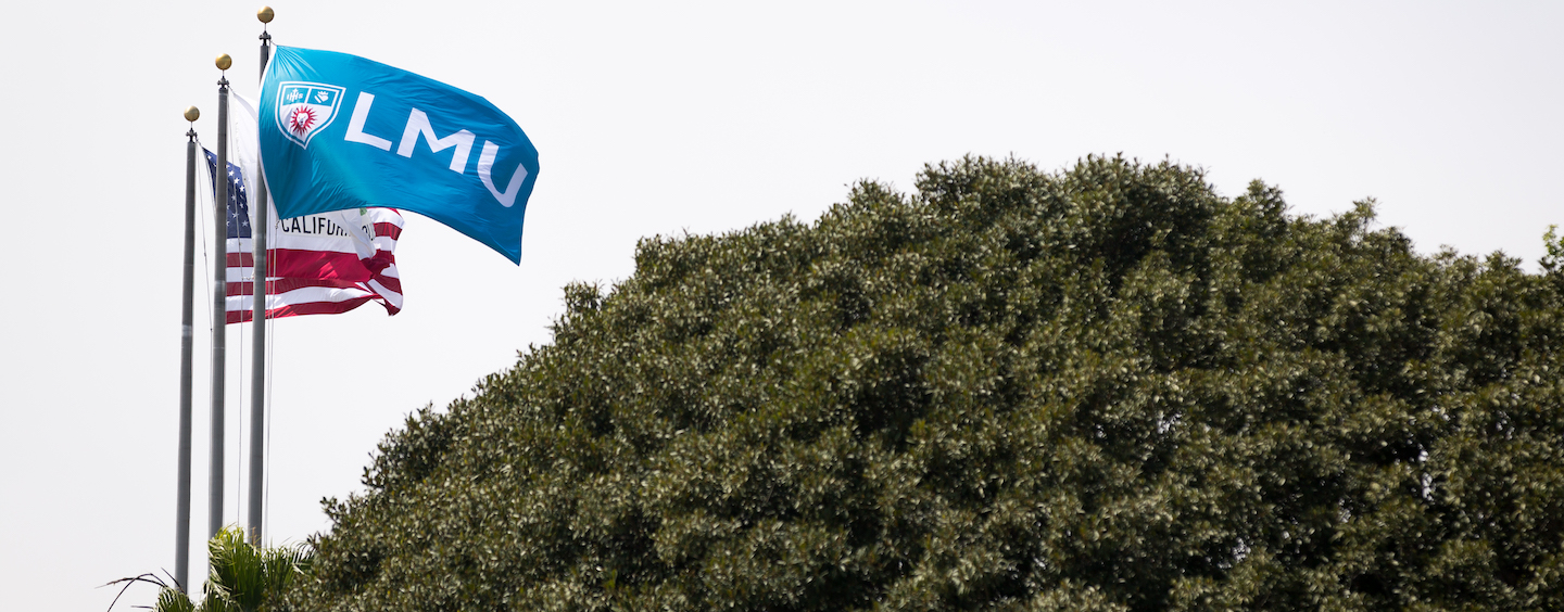 American flag, California flag and LMU flag